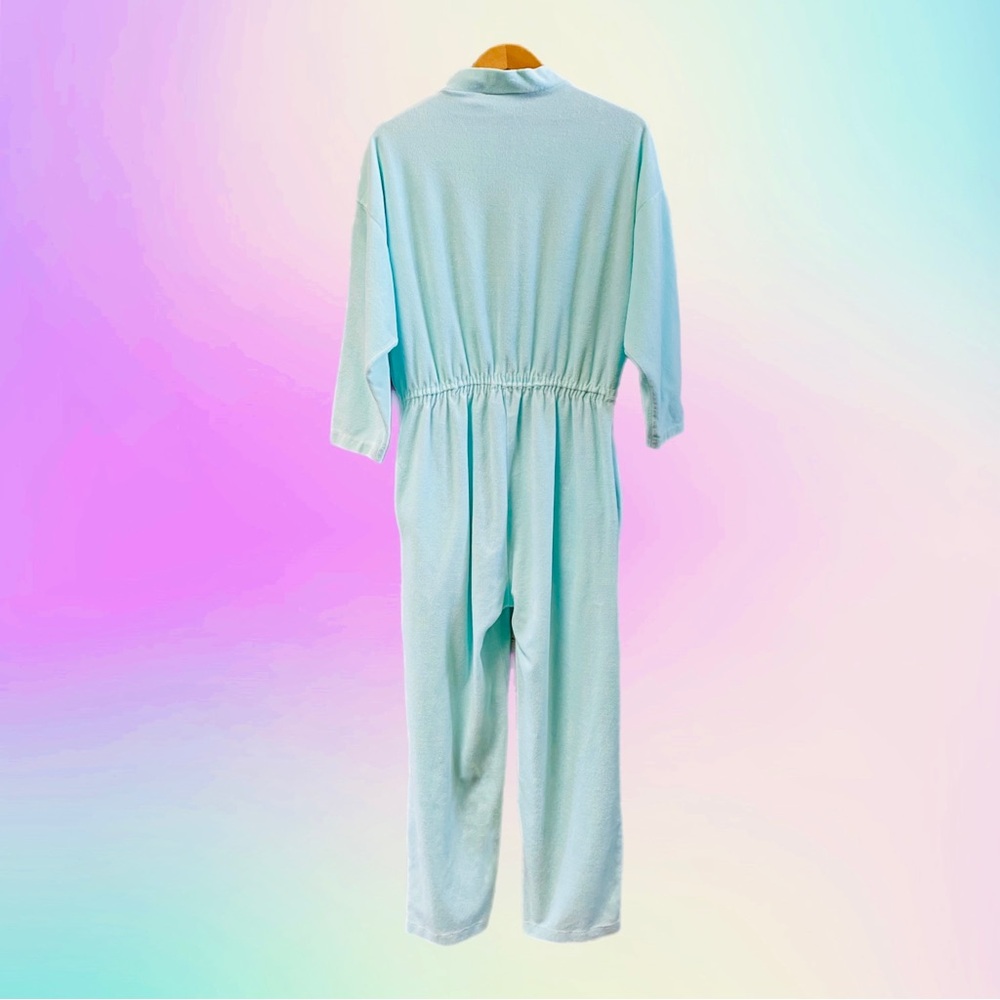 Vintage 80s Velour Jumpsuit Pastel Robins Egg Blue Retro Romper Dolman Sleeve - Picture 2 of 11